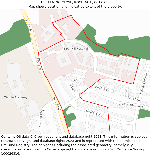 16, FLEMING CLOSE, ROCHDALE, OL12 9RL: Location map and indicative extent of plot