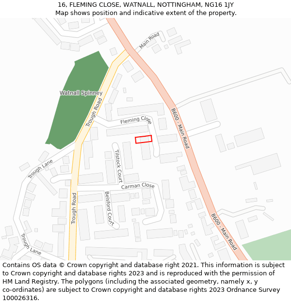 16, FLEMING CLOSE, WATNALL, NOTTINGHAM, NG16 1JY: Location map and indicative extent of plot