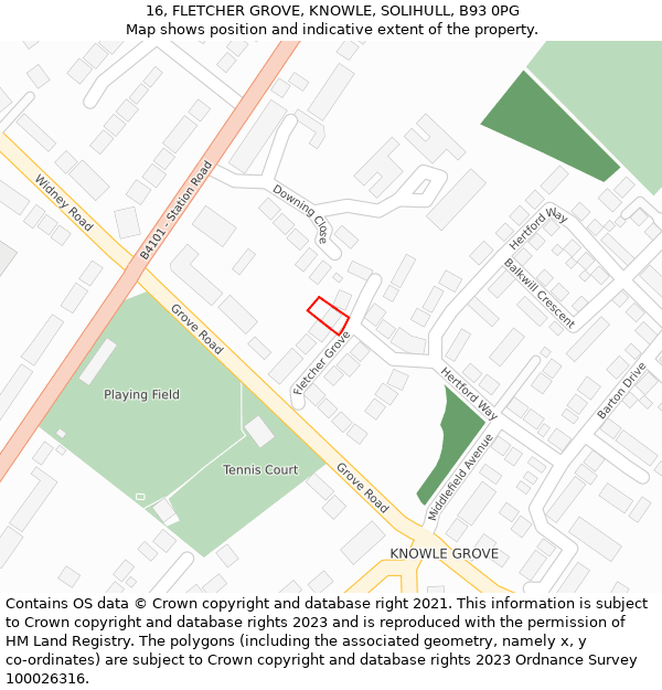 16, FLETCHER GROVE, KNOWLE, SOLIHULL, B93 0PG: Location map and indicative extent of plot