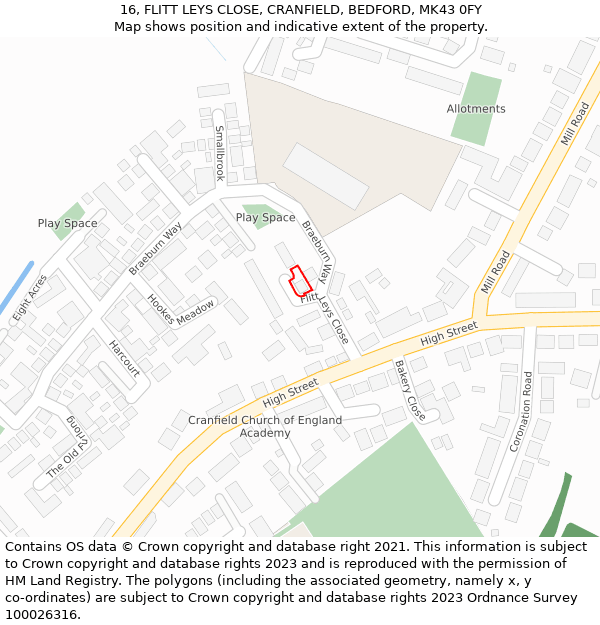 16, FLITT LEYS CLOSE, CRANFIELD, BEDFORD, MK43 0FY: Location map and indicative extent of plot