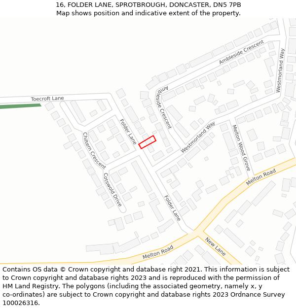 16, FOLDER LANE, SPROTBROUGH, DONCASTER, DN5 7PB: Location map and indicative extent of plot