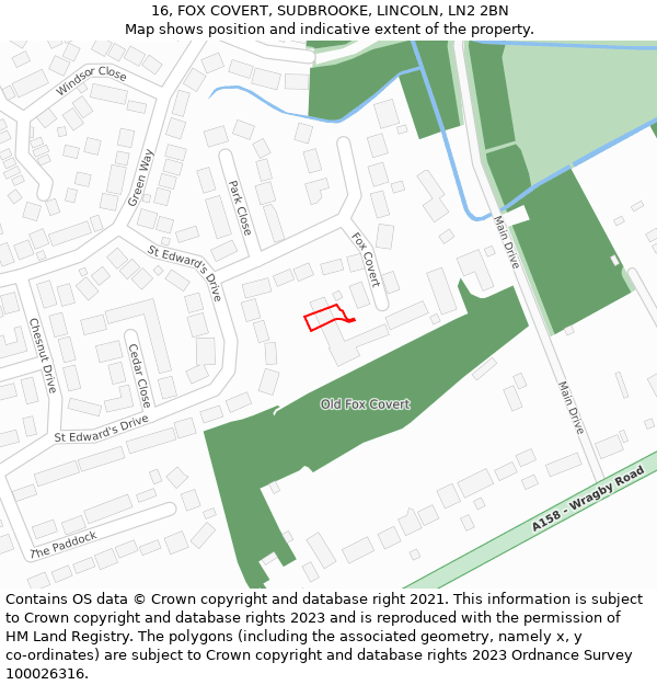 16, FOX COVERT, SUDBROOKE, LINCOLN, LN2 2BN: Location map and indicative extent of plot