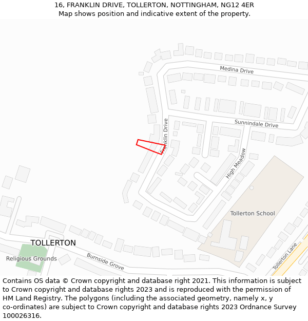 16, FRANKLIN DRIVE, TOLLERTON, NOTTINGHAM, NG12 4ER: Location map and indicative extent of plot