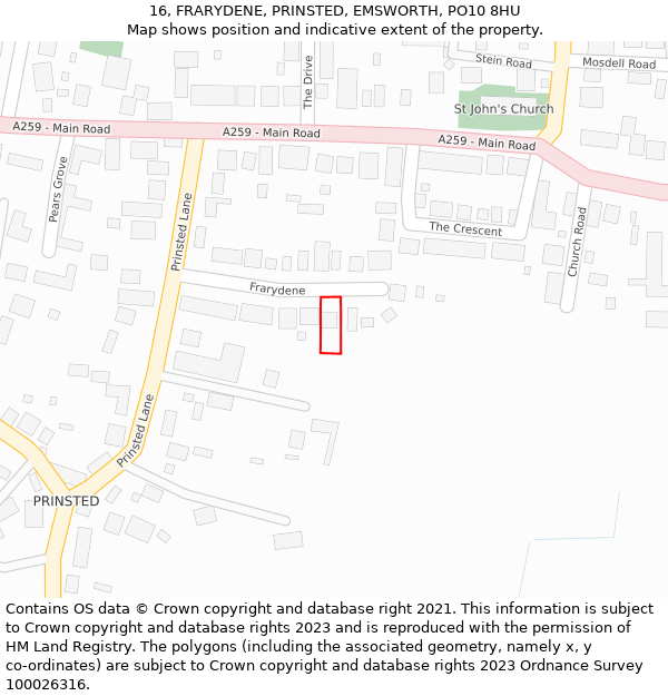 16, FRARYDENE, PRINSTED, EMSWORTH, PO10 8HU: Location map and indicative extent of plot