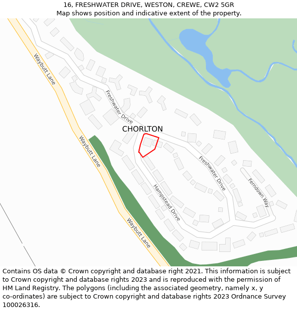 16, FRESHWATER DRIVE, WESTON, CREWE, CW2 5GR: Location map and indicative extent of plot