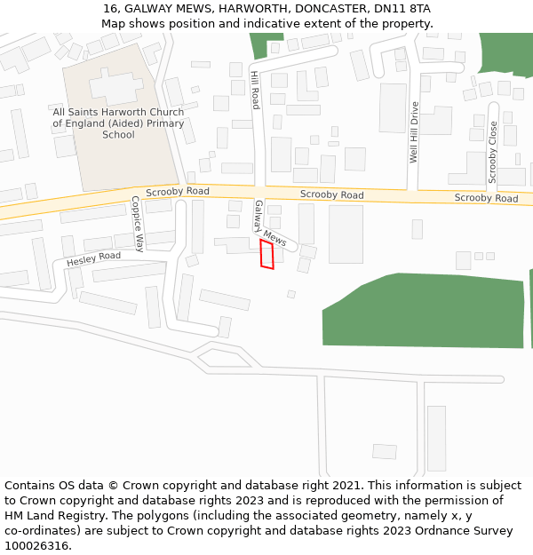 16, GALWAY MEWS, HARWORTH, DONCASTER, DN11 8TA: Location map and indicative extent of plot