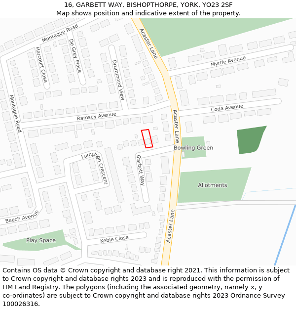 16, GARBETT WAY, BISHOPTHORPE, YORK, YO23 2SF: Location map and indicative extent of plot