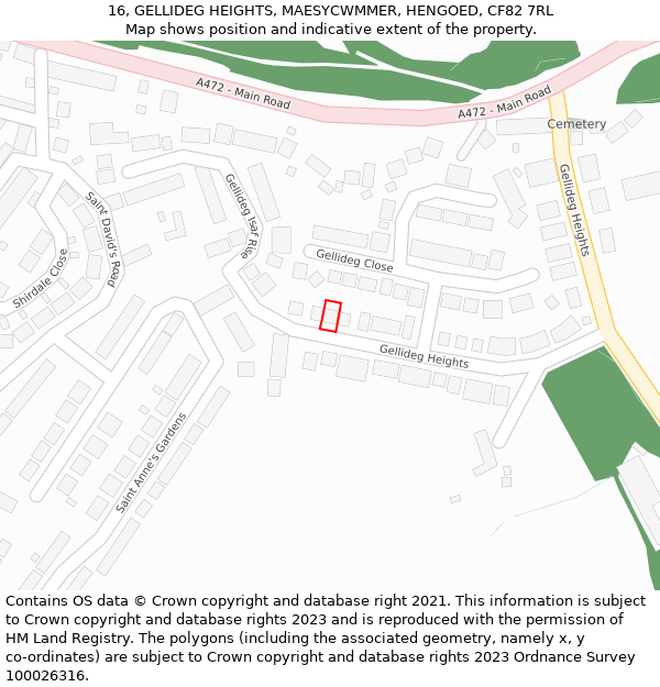 16, GELLIDEG HEIGHTS, MAESYCWMMER, HENGOED, CF82 7RL: Location map and indicative extent of plot