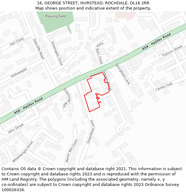 16, GEORGE STREET, HURSTEAD, ROCHDALE, OL16 2RR: Location map and indicative extent of plot