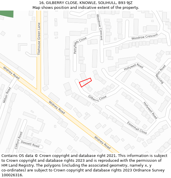 16, GILBERRY CLOSE, KNOWLE, SOLIHULL, B93 9JZ: Location map and indicative extent of plot