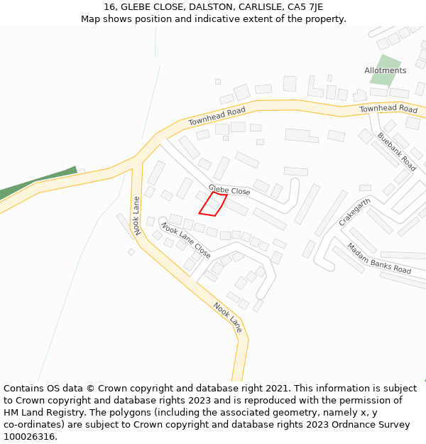 16, GLEBE CLOSE, DALSTON, CARLISLE, CA5 7JE: Location map and indicative extent of plot