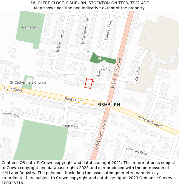 16, GLEBE CLOSE, FISHBURN, STOCKTON-ON-TEES, TS21 4DE: Location map and indicative extent of plot