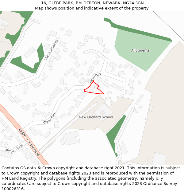 16, GLEBE PARK, BALDERTON, NEWARK, NG24 3GN: Location map and indicative extent of plot