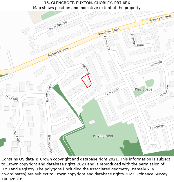 16, GLENCROFT, EUXTON, CHORLEY, PR7 6BX: Location map and indicative extent of plot