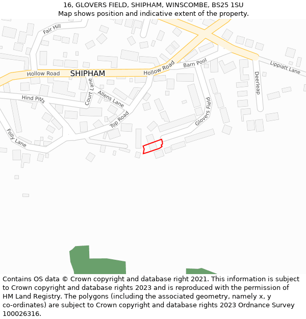 16, GLOVERS FIELD, SHIPHAM, WINSCOMBE, BS25 1SU: Location map and indicative extent of plot