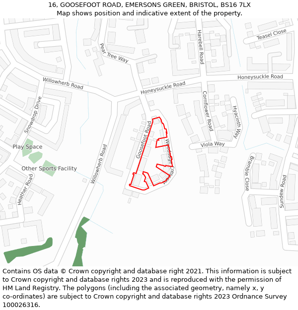 16, GOOSEFOOT ROAD, EMERSONS GREEN, BRISTOL, BS16 7LX: Location map and indicative extent of plot