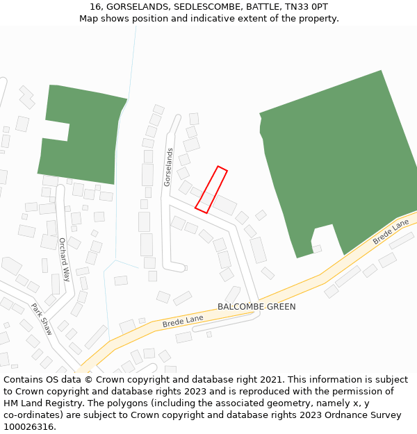 16, GORSELANDS, SEDLESCOMBE, BATTLE, TN33 0PT: Location map and indicative extent of plot