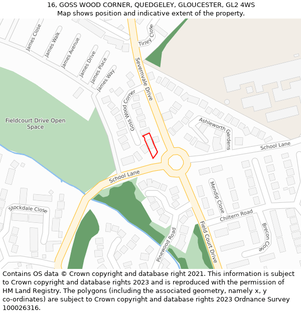 16, GOSS WOOD CORNER, QUEDGELEY, GLOUCESTER, GL2 4WS: Location map and indicative extent of plot