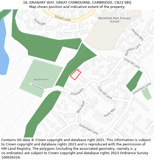 16, GRANARY WAY, GREAT CAMBOURNE, CAMBRIDGE, CB23 5BQ: Location map and indicative extent of plot