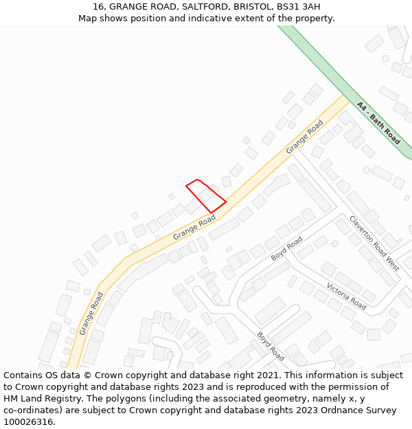 16, GRANGE ROAD, SALTFORD, BRISTOL, BS31 3AH: Location map and indicative extent of plot