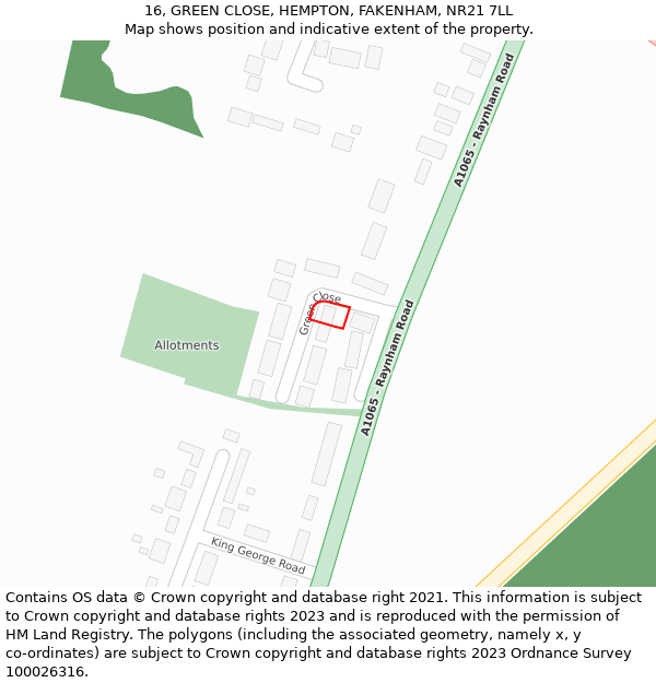 16, GREEN CLOSE, HEMPTON, FAKENHAM, NR21 7LL: Location map and indicative extent of plot