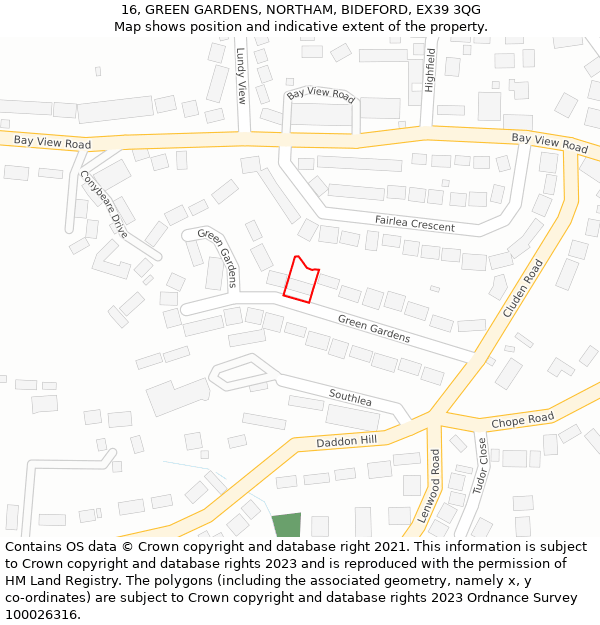 16, GREEN GARDENS, NORTHAM, BIDEFORD, EX39 3QG: Location map and indicative extent of plot