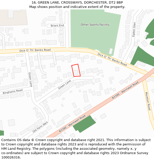 16, GREEN LANE, CROSSWAYS, DORCHESTER, DT2 8BP: Location map and indicative extent of plot
