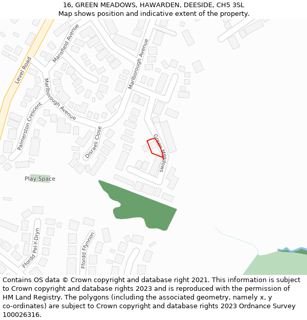 16, GREEN MEADOWS, HAWARDEN, DEESIDE, CH5 3SL: Location map and indicative extent of plot