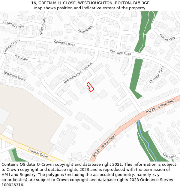 16, GREEN MILL CLOSE, WESTHOUGHTON, BOLTON, BL5 3GE: Location map and indicative extent of plot