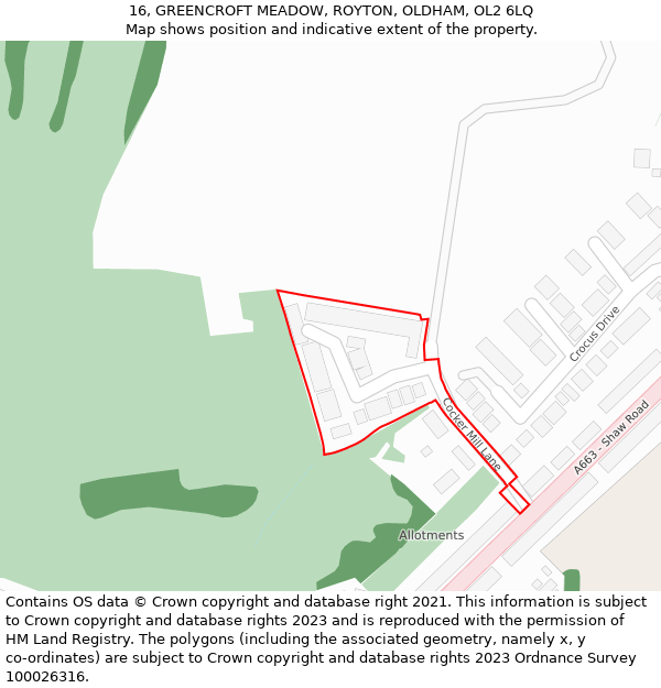 16, GREENCROFT MEADOW, ROYTON, OLDHAM, OL2 6LQ: Location map and indicative extent of plot