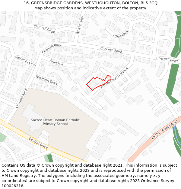 16, GREENSBRIDGE GARDENS, WESTHOUGHTON, BOLTON, BL5 3GQ: Location map and indicative extent of plot
