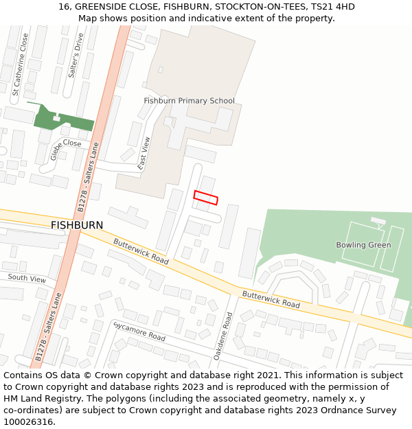 16, GREENSIDE CLOSE, FISHBURN, STOCKTON-ON-TEES, TS21 4HD: Location map and indicative extent of plot