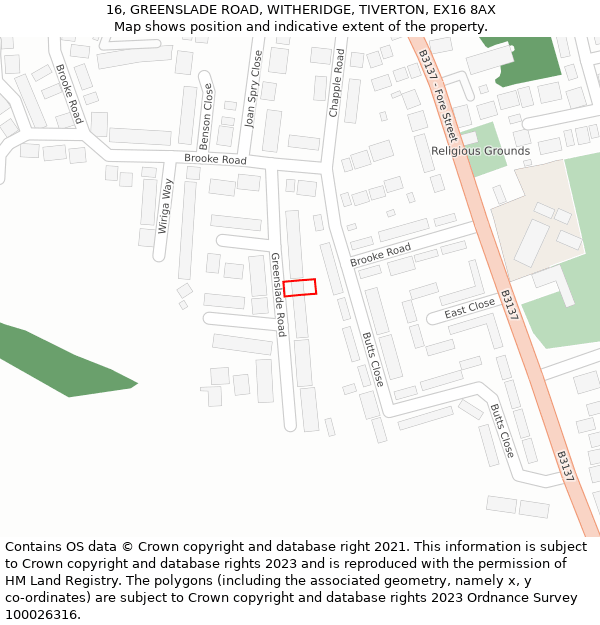 16, GREENSLADE ROAD, WITHERIDGE, TIVERTON, EX16 8AX: Location map and indicative extent of plot