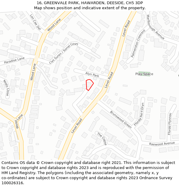 16, GREENVALE PARK, HAWARDEN, DEESIDE, CH5 3DP: Location map and indicative extent of plot