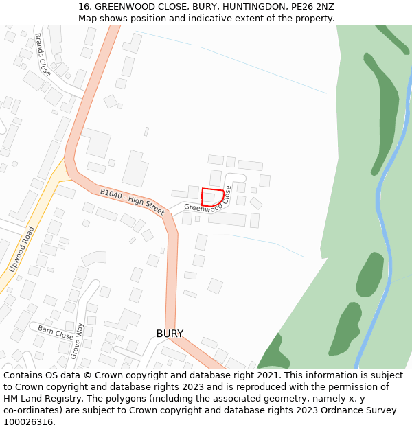 16, GREENWOOD CLOSE, BURY, HUNTINGDON, PE26 2NZ: Location map and indicative extent of plot