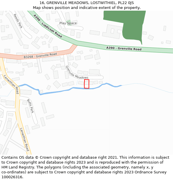 16, GRENVILLE MEADOWS, LOSTWITHIEL, PL22 0JS: Location map and indicative extent of plot