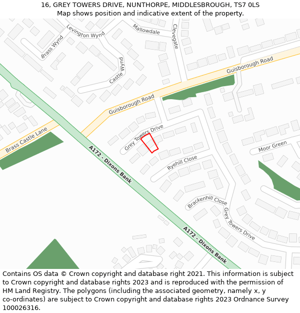 16, GREY TOWERS DRIVE, NUNTHORPE, MIDDLESBROUGH, TS7 0LS: Location map and indicative extent of plot