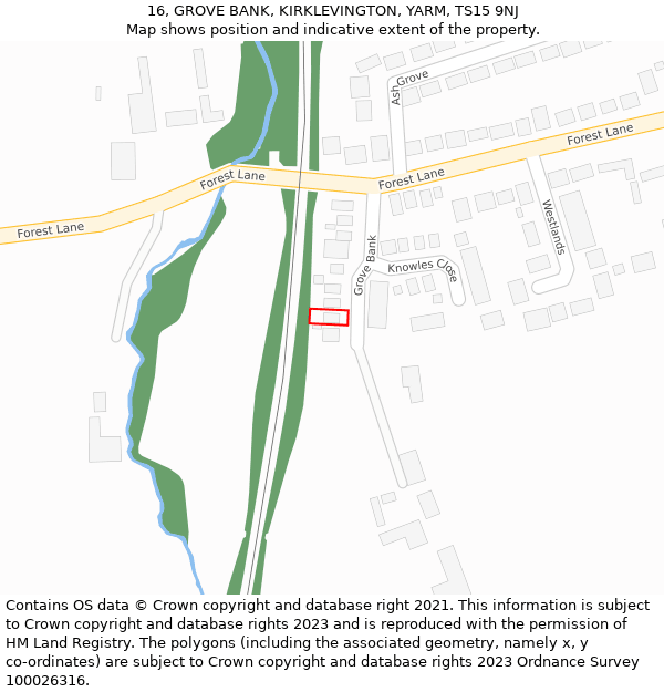 16, GROVE BANK, KIRKLEVINGTON, YARM, TS15 9NJ: Location map and indicative extent of plot