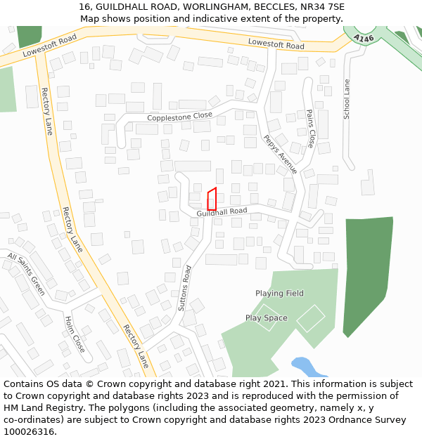 16, GUILDHALL ROAD, WORLINGHAM, BECCLES, NR34 7SE: Location map and indicative extent of plot