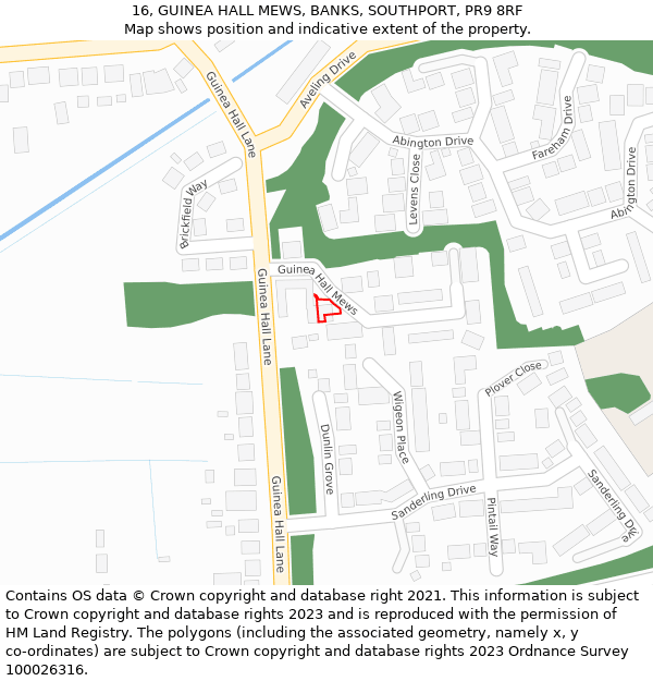 16, GUINEA HALL MEWS, BANKS, SOUTHPORT, PR9 8RF: Location map and indicative extent of plot