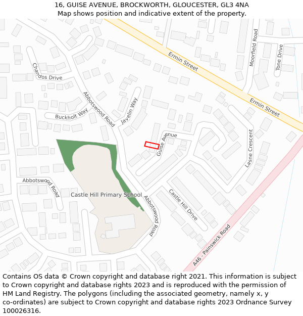 16, GUISE AVENUE, BROCKWORTH, GLOUCESTER, GL3 4NA: Location map and indicative extent of plot