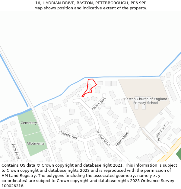 16, HADRIAN DRIVE, BASTON, PETERBOROUGH, PE6 9PP: Location map and indicative extent of plot