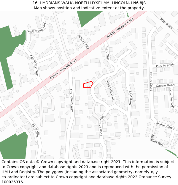 16, HADRIANS WALK, NORTH HYKEHAM, LINCOLN, LN6 8JS: Location map and indicative extent of plot