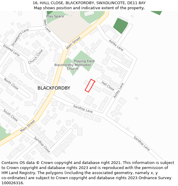 16, HALL CLOSE, BLACKFORDBY, SWADLINCOTE, DE11 8AY: Location map and indicative extent of plot