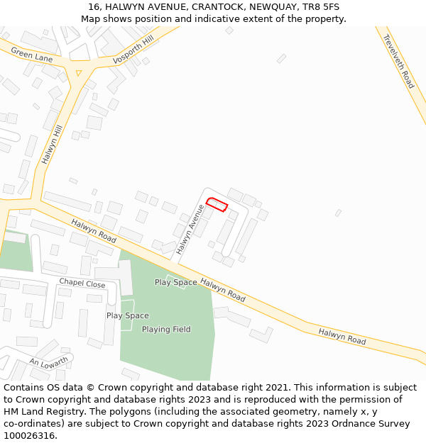 16, HALWYN AVENUE, CRANTOCK, NEWQUAY, TR8 5FS: Location map and indicative extent of plot