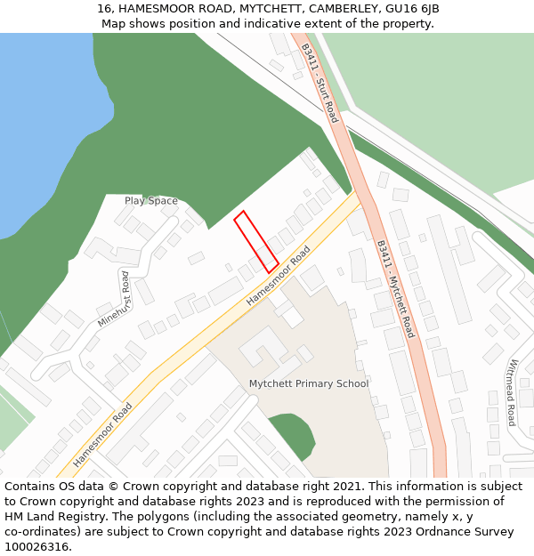 16, HAMESMOOR ROAD, MYTCHETT, CAMBERLEY, GU16 6JB: Location map and indicative extent of plot