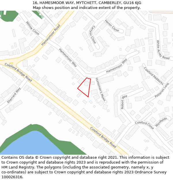 16, HAMESMOOR WAY, MYTCHETT, CAMBERLEY, GU16 6JG: Location map and indicative extent of plot