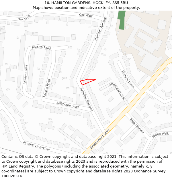 16, HAMILTON GARDENS, HOCKLEY, SS5 5BU: Location map and indicative extent of plot