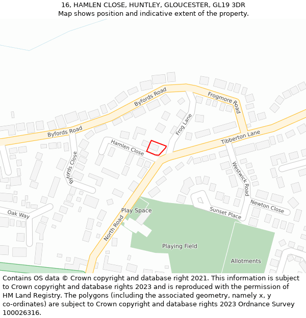 16, HAMLEN CLOSE, HUNTLEY, GLOUCESTER, GL19 3DR: Location map and indicative extent of plot