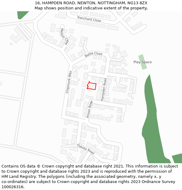 16, HAMPDEN ROAD, NEWTON, NOTTINGHAM, NG13 8ZX: Location map and indicative extent of plot